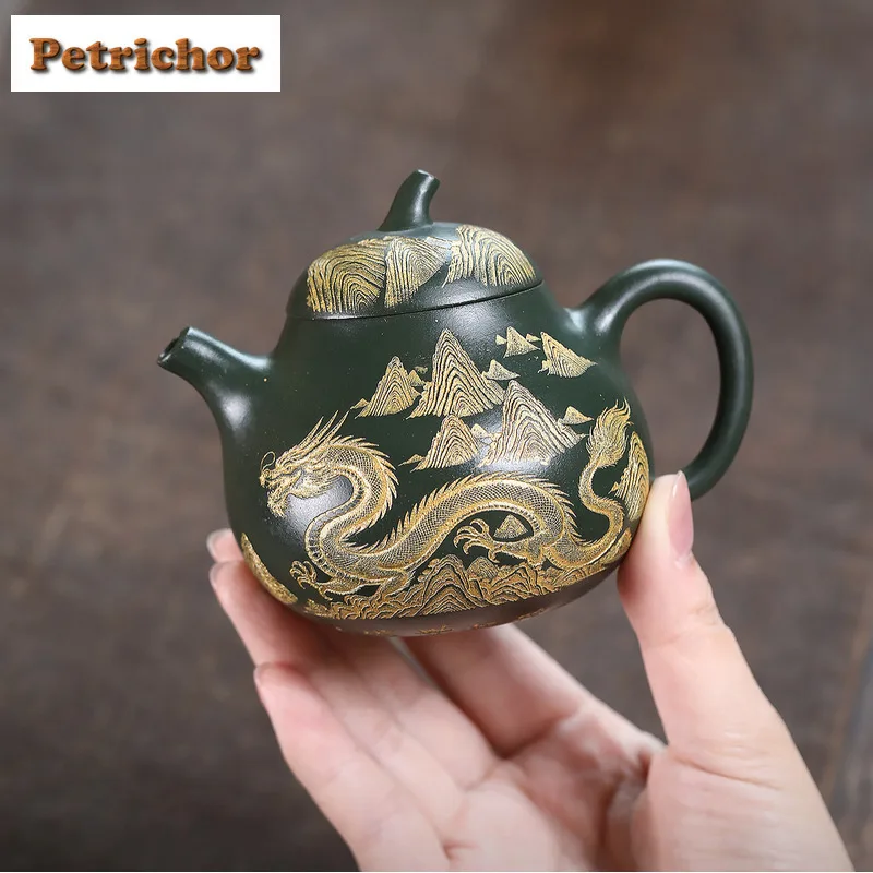 

Чайники из фиолетовой глины Исин, 180 мл, горшок для баклажанов ручной работы с золотым драконом, сырой рудой, черновато-зеленый грязевой чайник с ситечком, чайный сервиз Zisha