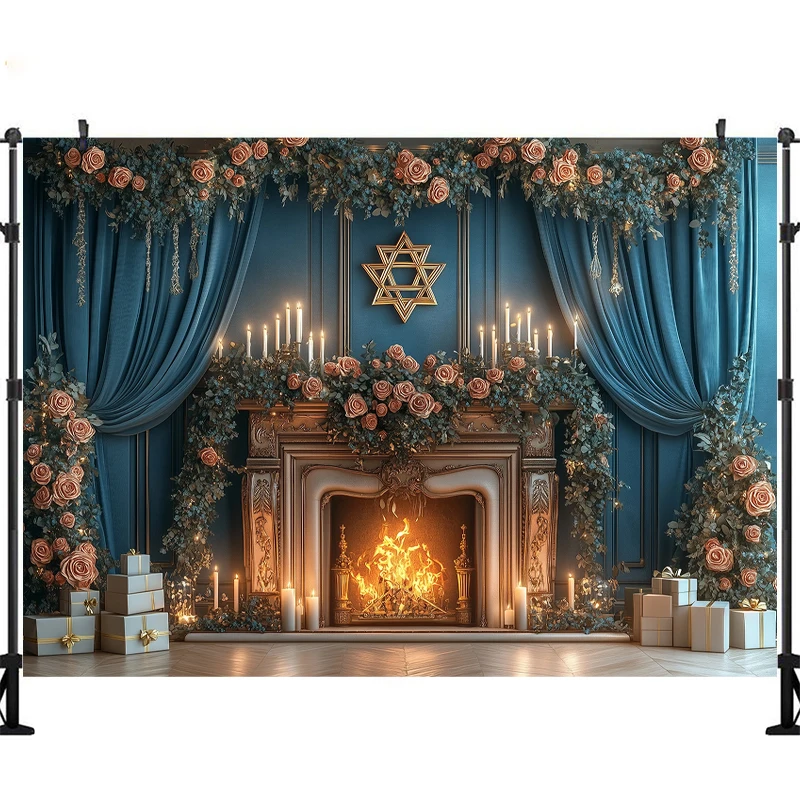 LS Photography Background Christmas Fireplace Blue Curtain Flowers Xmas Tree Kids Family Portrait Decor Backdrop Photo Studio