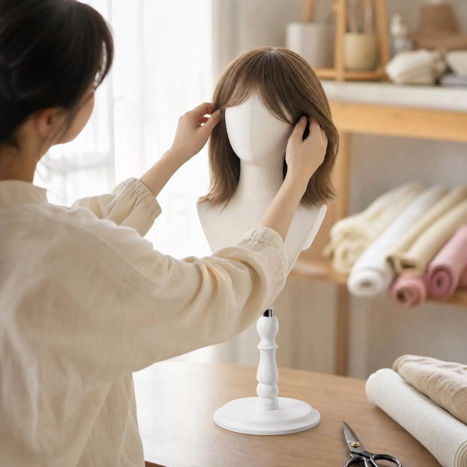 Faceless Linen Mannequin Head with Adjustable Stand for Wig Styling Hairpiece Storage Display Stand for Salon Boutique
