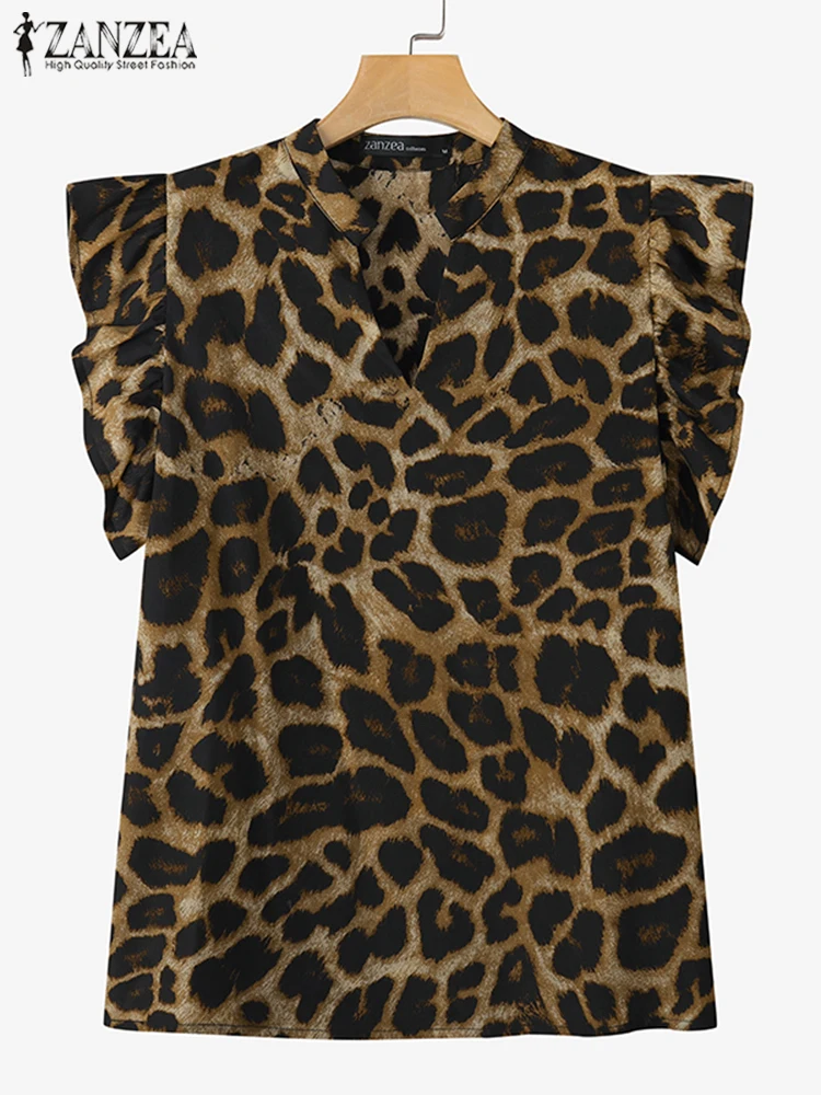 ZANZEA Women Leopard Printing Blouses 2025 Casual Fly-ing Sleeve Tops Female OL Work Ruffled Shirts Summer loose V-Neck Tops