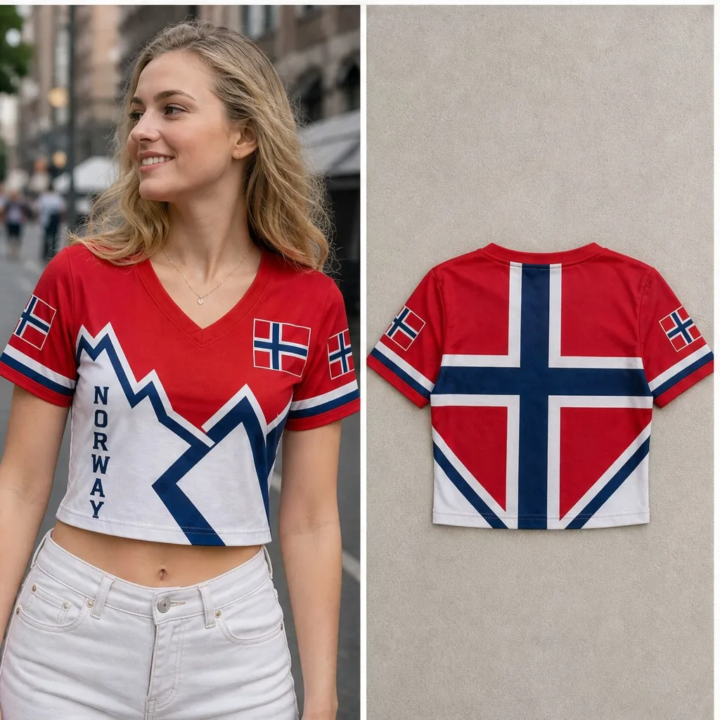 Womens V Neck Cropped Tee Norway Mountain Flags Print Short Sleeve Summer Casual Tops With Bold Cross Back Graphic Travel Shirts