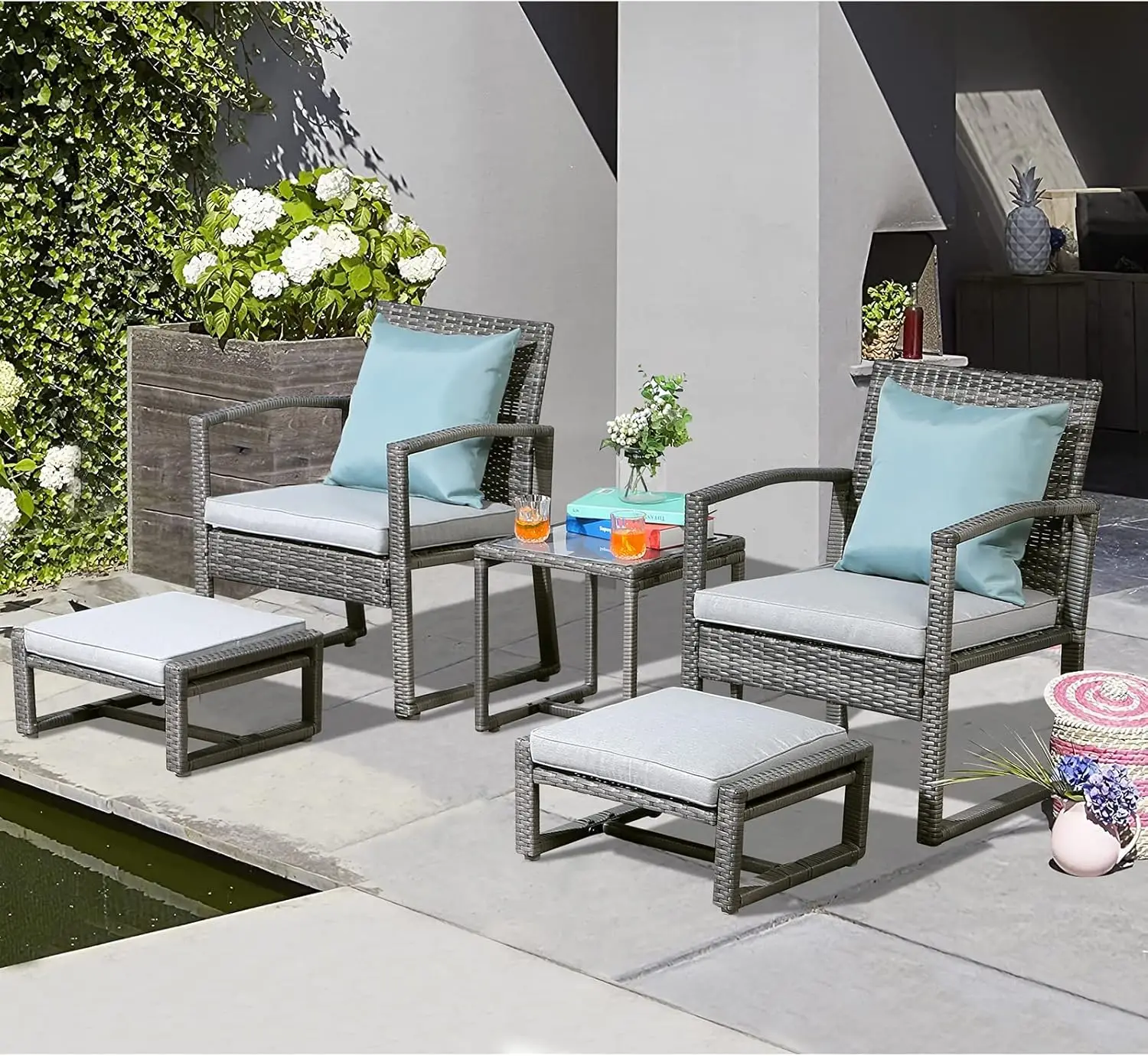 Outdoor Patio Wicker Móveis Set, All Weather PE Rattan cadeira e otomano, Footstool Set, W Mesa de café, almofadas, 5 pcs