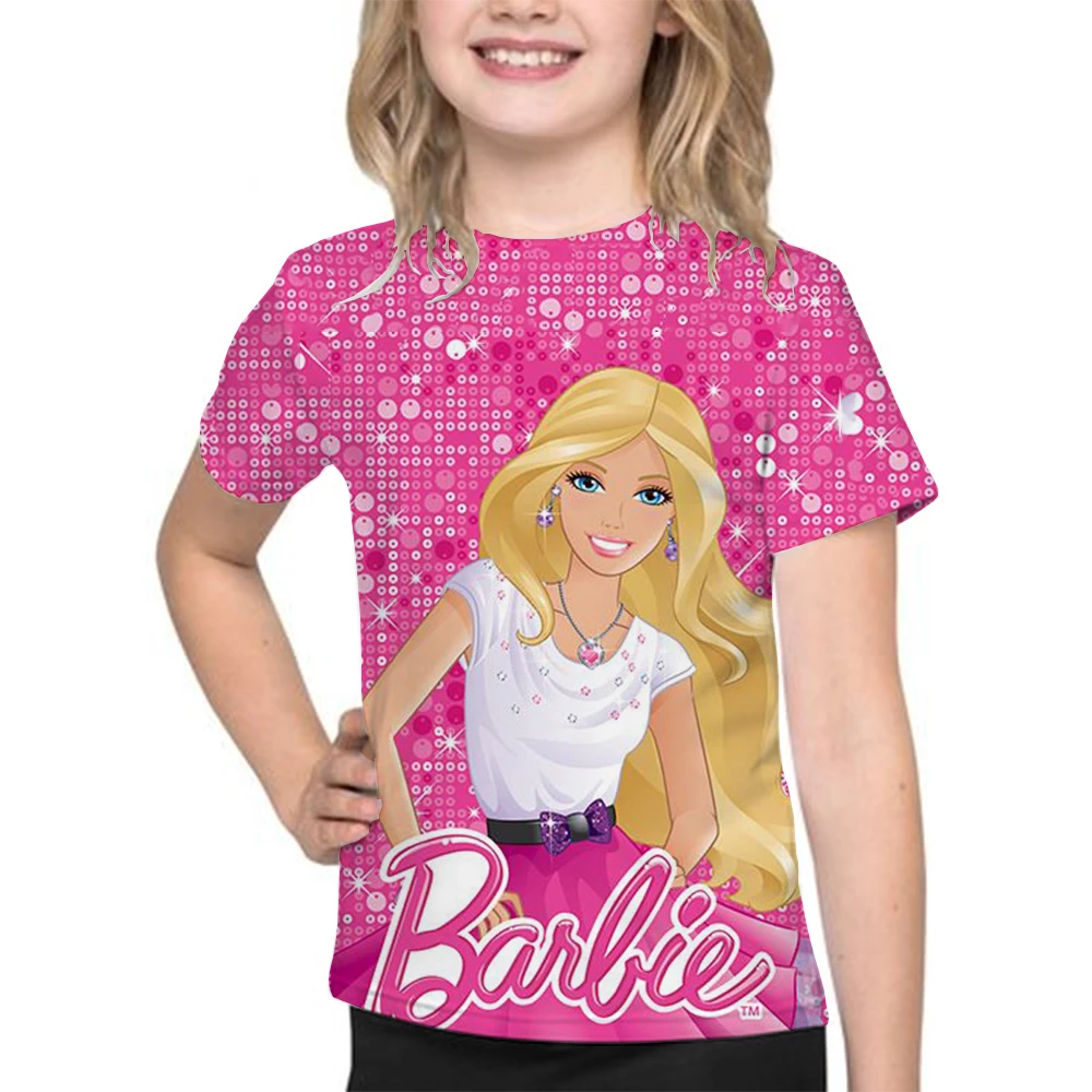 Nuova t-shirt per bambini estate Barbie cartoon print t-shirt a maniche corte per bambini ragazze Casual top ragazze moda estate marea