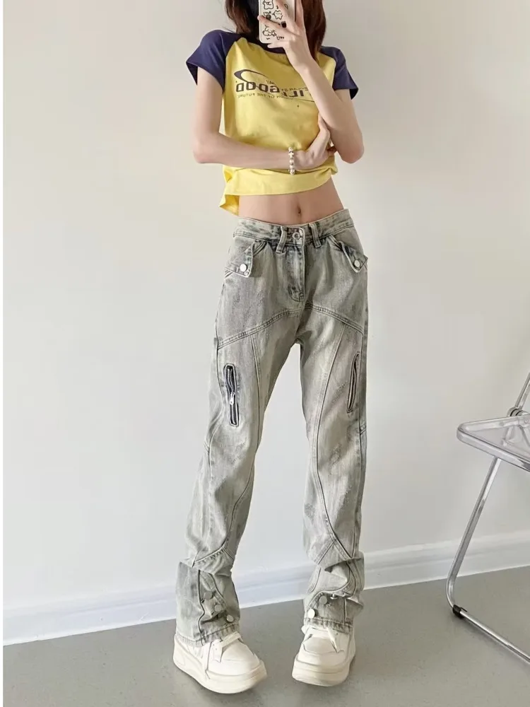 

Yellow Mud Color Street Zippered Jeans Women's High Street Trendy Straight Leg Pants Slimming Micro Flared Pants