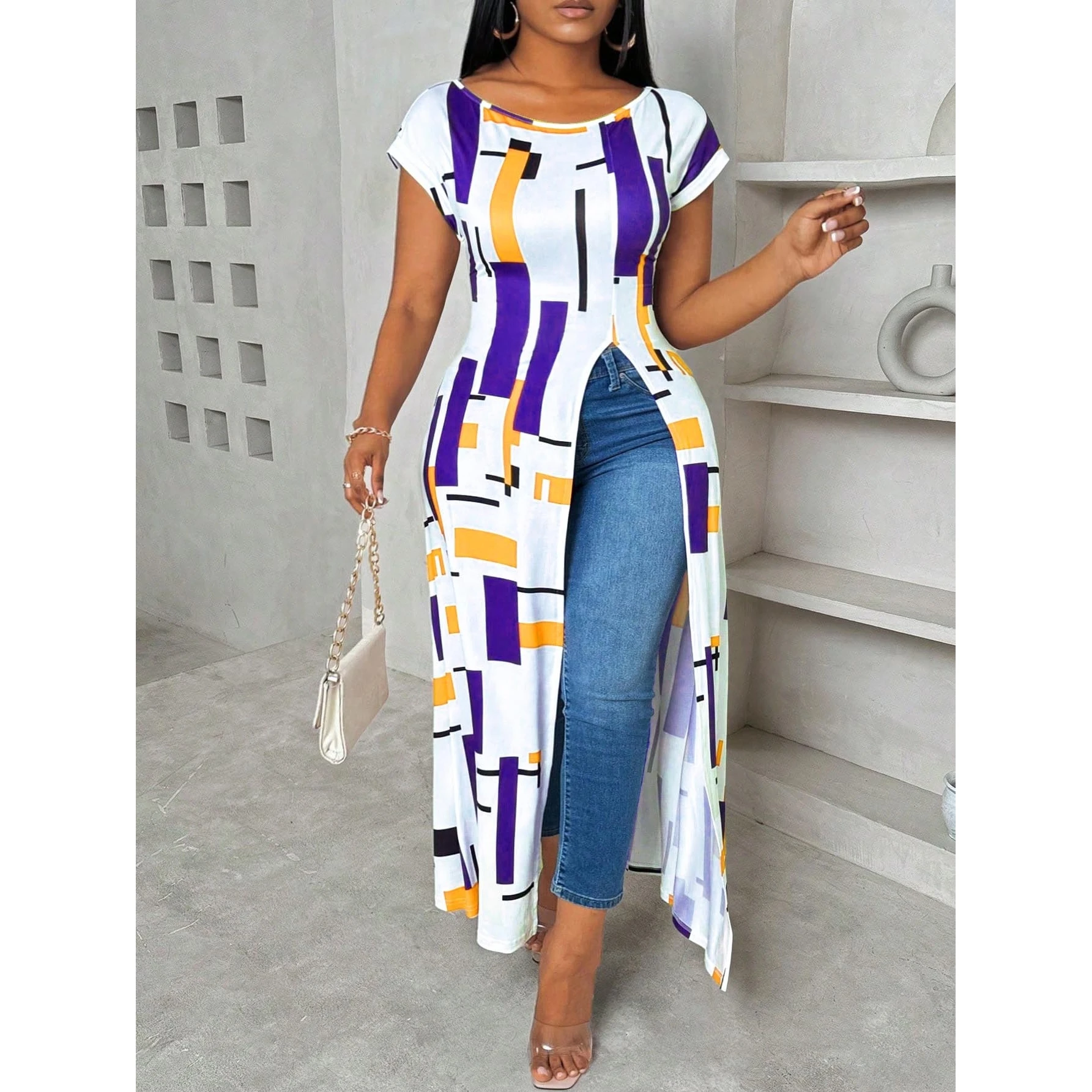 2025 New Women's Geometric Print Dress European Style A-Line Skirt Three-Quarter Sleeve Casual Dress for Dance Yoga Beach Cam...