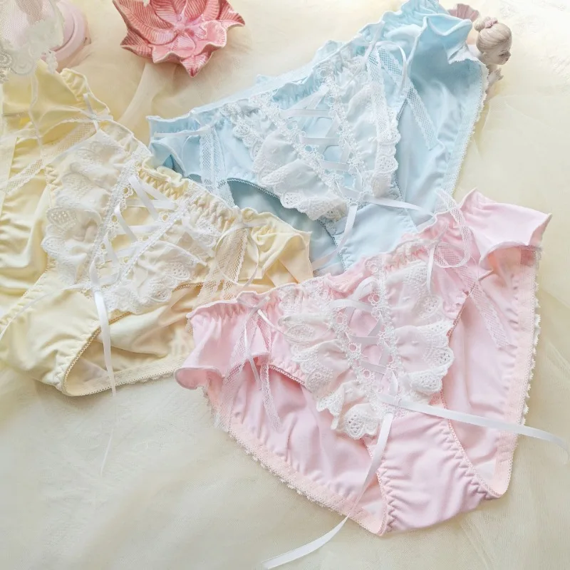 Women's Kawaii Lolita Ribbon Panties Sweet Ruffled Bowknot Briefs Cotton Mid Rise Cute Ladies Underwear Breathable Fairycore