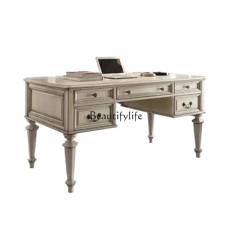 

4American country solid wood retro desk French simple white old solid wood writing table