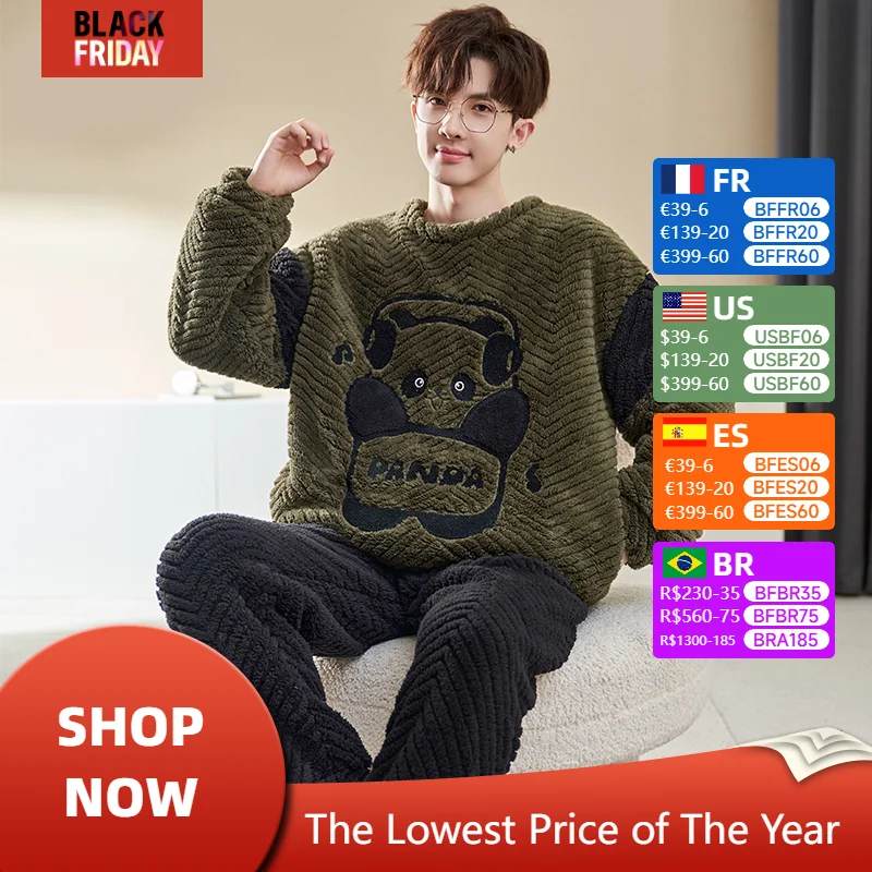 Adult Winter Men Pajama Sets Soft Thick  Sleepwear Plush Warm Pyjamas Cartoon Panda Unisex Pajamas Homewear Pajamas Suit