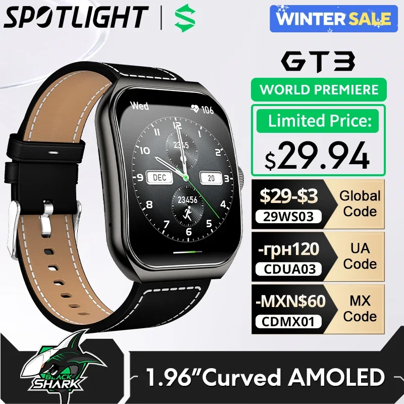 [World Premiere]Global Version BLACKSHARK GT3 Smart Watch 1.96'' Curved Amoled Display Support Bluetooth Call 100+ Sport Modes