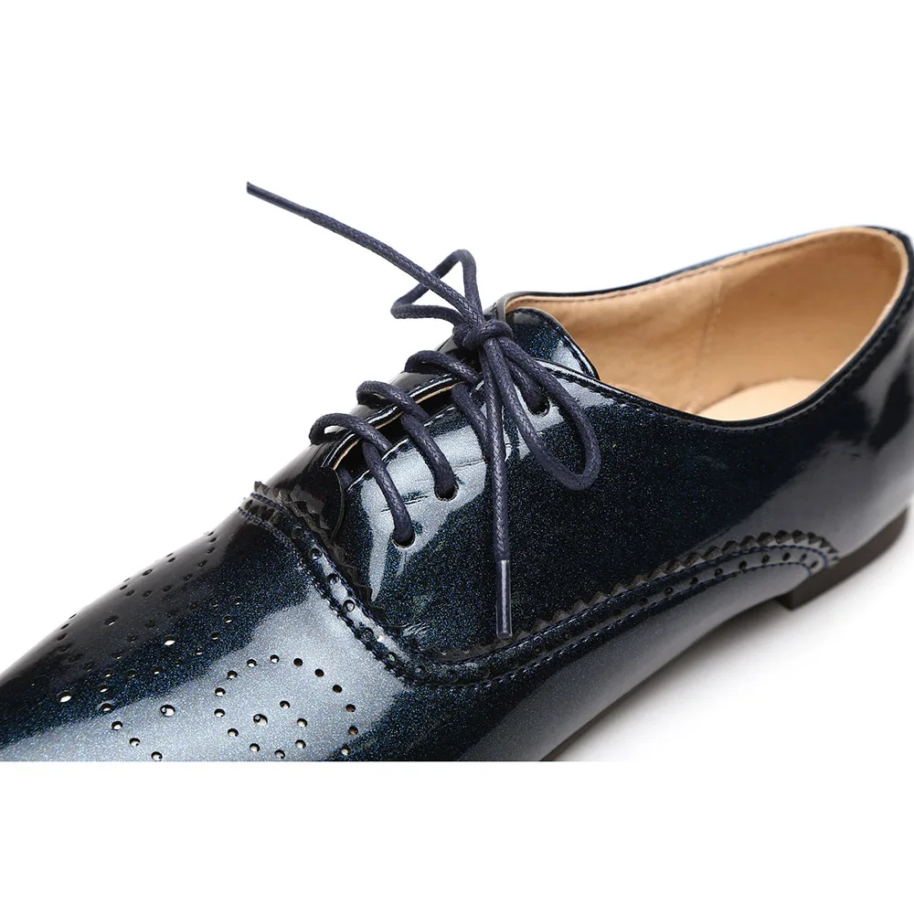 Brand New Fashion Women Glossy Oxfords Black Blue White Female Brogue Shoes Low Heels ASP51-5 Plus Big Size 32 43 10