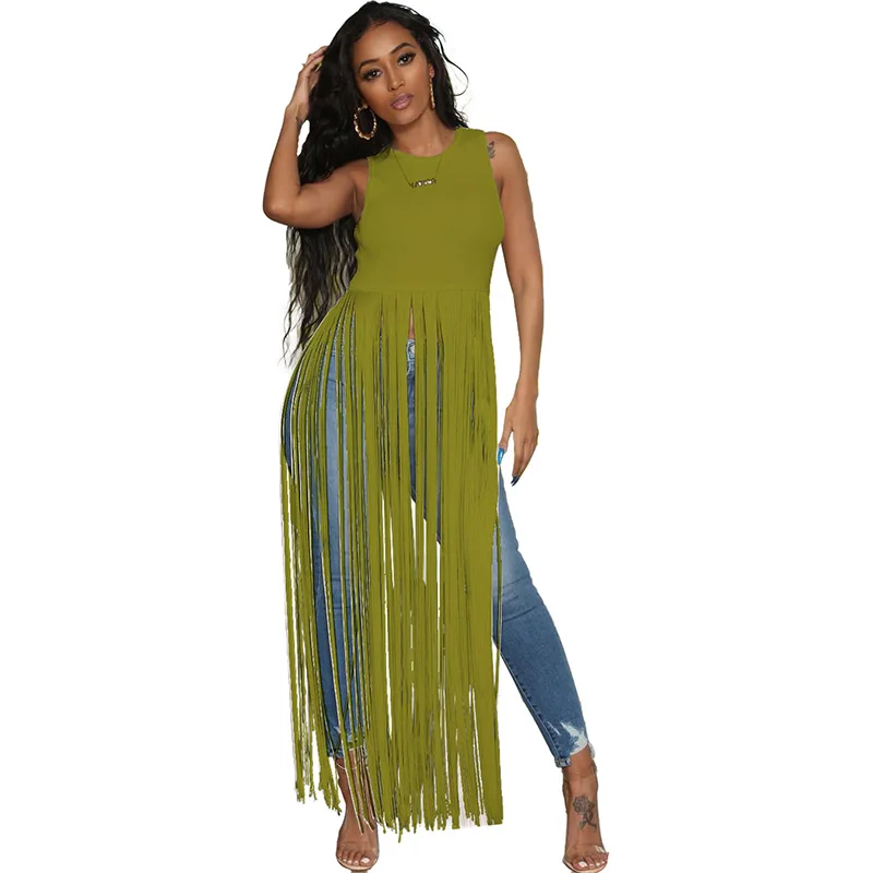 Mode Zomer Casual Jurken Vrouwen Fringe Tassel Lange T-shirt Jurk Vrouwen Mouwloze O-hals Zwart Koreaanse Streetwear Jurk