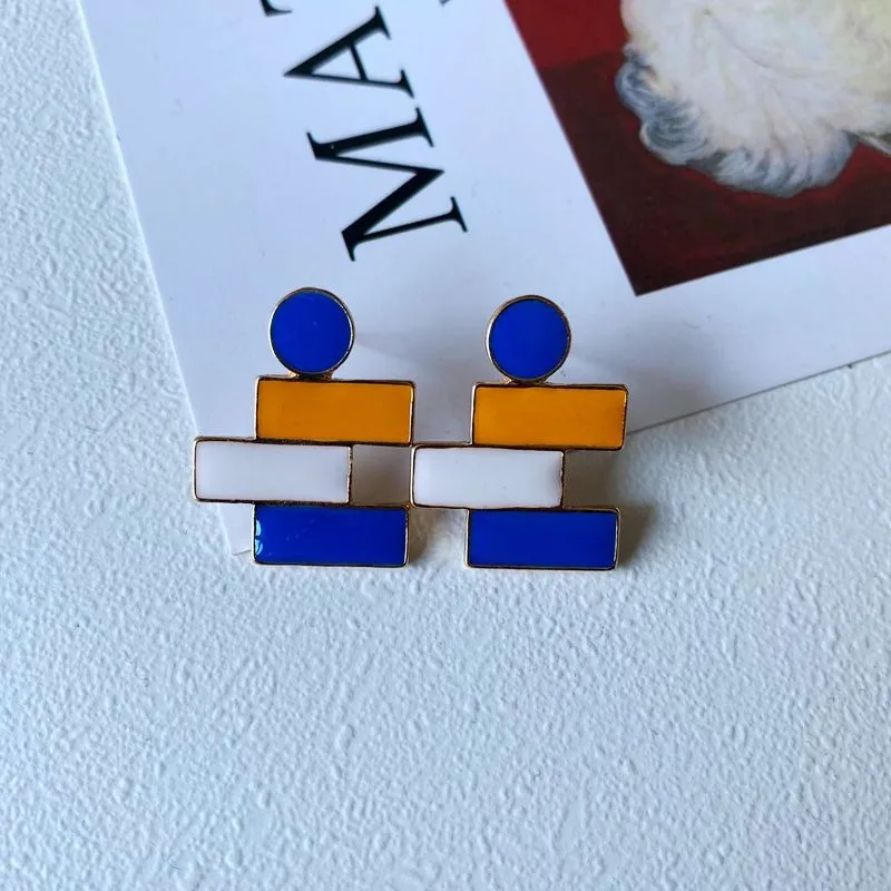 

Mori Drip Glaze Silver Needle Earrings Love Geometric Irregular Gentle Temperament Korean Contrasting Color Fresh Earrings