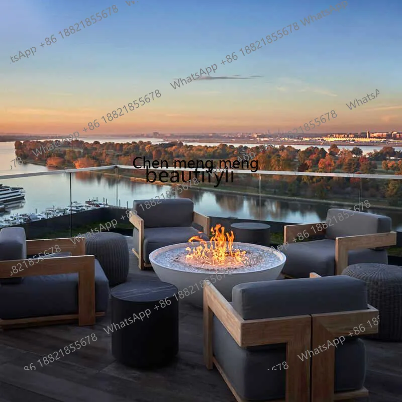 Outdoor Sofa Set with Coffee Table, Aluminum Alloy, Teak Wood, Waterproof, Sunproof, Hotel Industrial Style