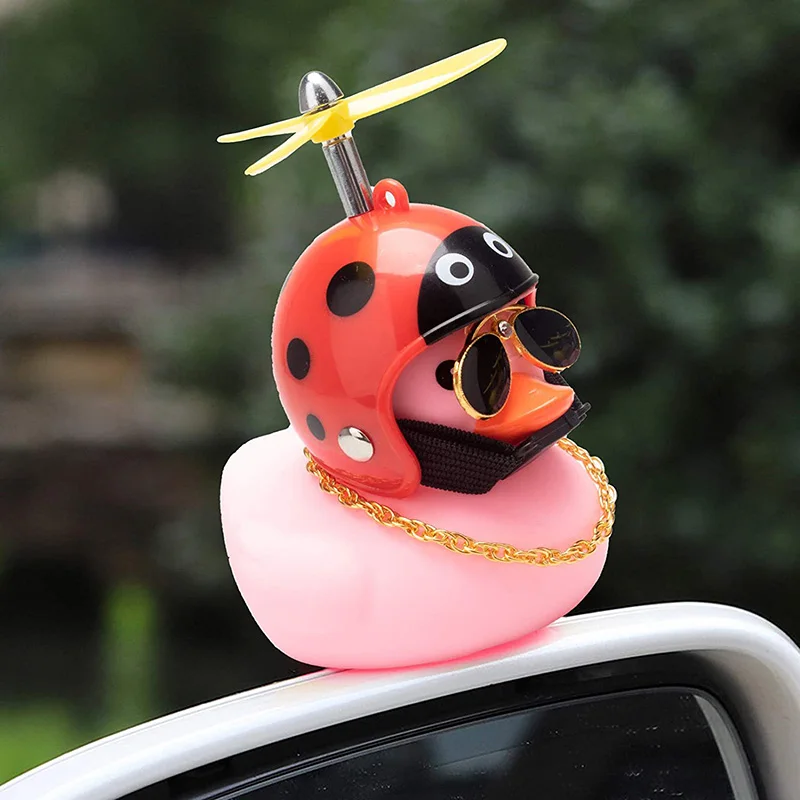 Car Ladybug Pattern Helmet Pink Duck with Sunglasses, Rubber Bike Duck for Car Ccessories, Dashboard Toy Small Decoration