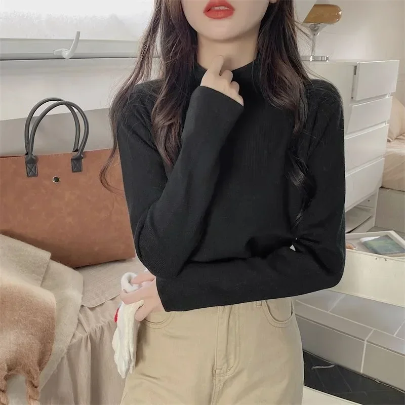 Autumn and Winter Women\'s Half High Collar Solid Color Knitted Sweater Casual Slim Fit Tops Warm Pullovers Black Sweater Jumpers