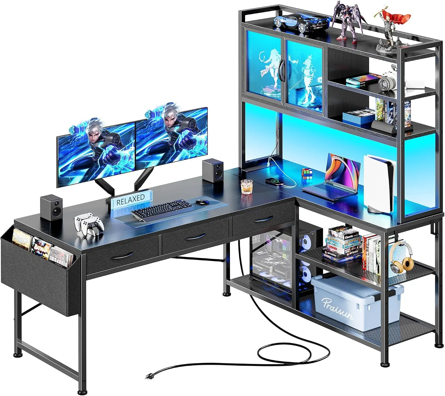 57.5 Inch L Shaped Gaming Desk with Power Outlets and LED Lights | USB-C Port, 6-Tier Computer Office Desk with 3 Fabric Drawers