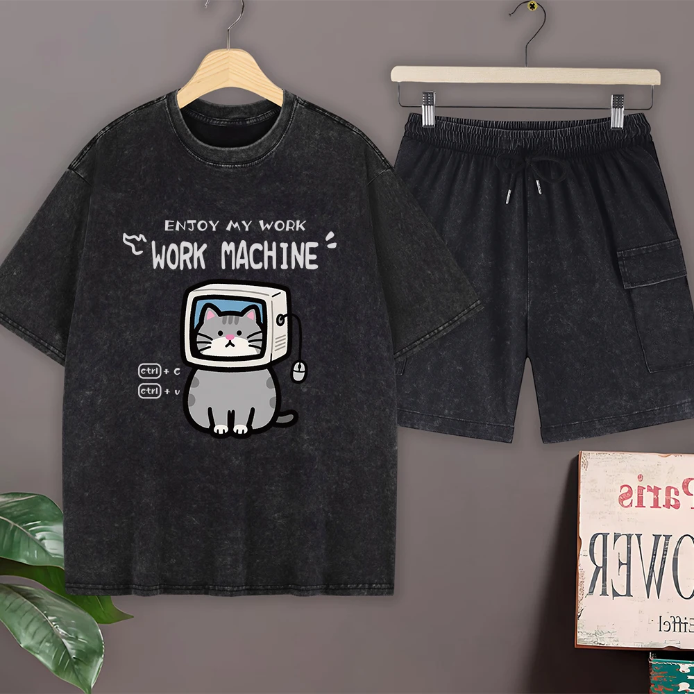 

What The Cat With A Knife Cotton Washed T-Shirts Set Mens Summer Oversize T Shirt Cargo Shorts O-Neck Short Sleeve Tops Pants