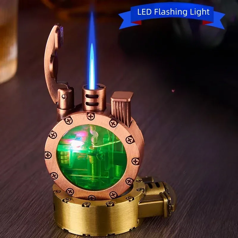 Metal Retro Rocker Blue Flame Inflatable Lighter LED Colored Light Transparent Transom Windproof Torch Gass Lighter Men's Gifts