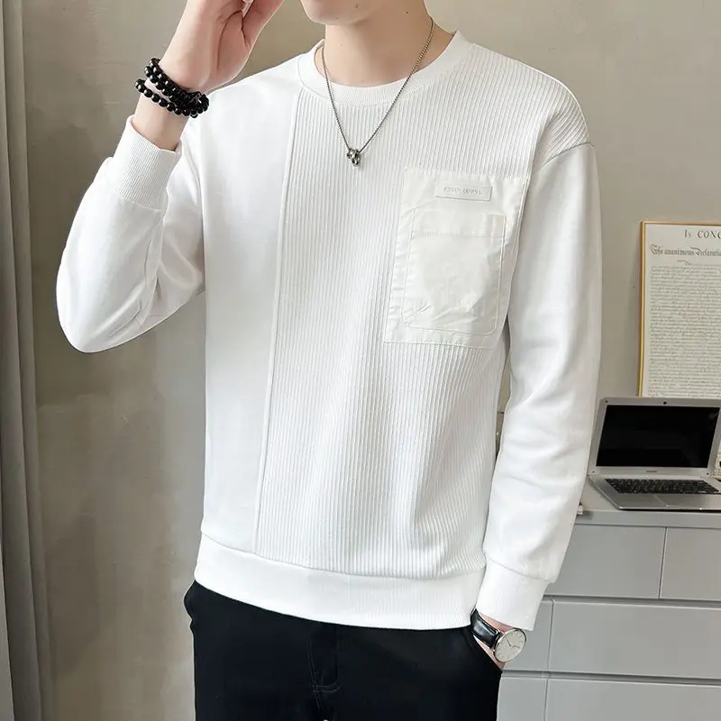 2023 Autumn and Winter New Commuter Men's Clothing Splice Pockets Round Neck Long Sleeve Solid Color Casual Versatile Pullover