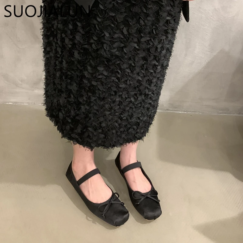 SUOJIALUN 2023 Autumn Women Flat Shoes Fashion Skin Ladies Elegant Shallow Round Toe Ballet Shoes Soft Casual Flat Dress Mary Ja