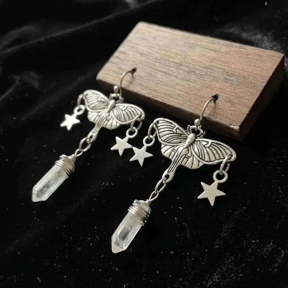 White Crystal Pendant Silver Color Star Tassel Carved Moth Dangle Earrings for Women Gothic Witchcraft Style Aesthetics Jewelry view 4