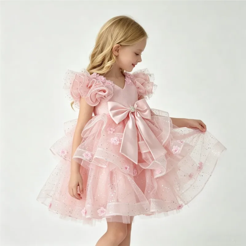 Fashion Baby Girl Princess 3D Flower Bow Dress Infant Toddler Child Sequins Tulle Vestido Wedding Birthday Party Ball Gown 1-12Y