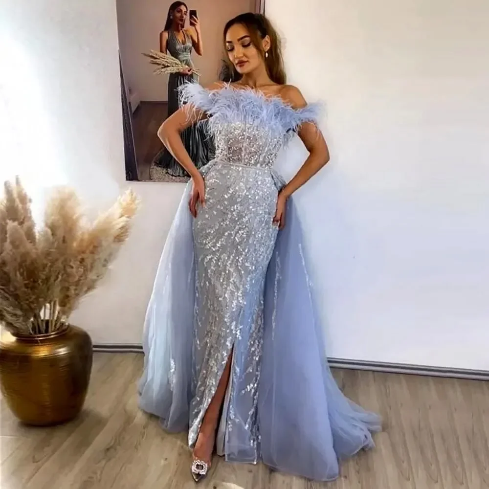 Women Evening Party Dress Dubai Celebrity Birthday Gowns With Feathers Off The Shoulder Side Slit Lavender Mermaid Prom Dresses