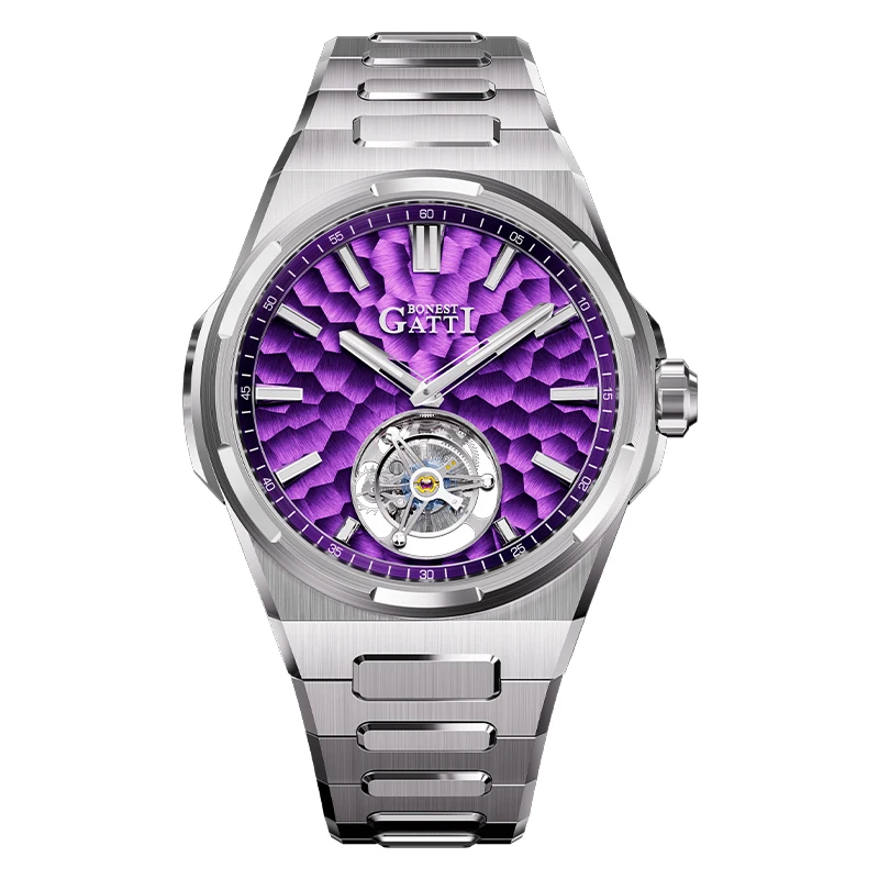 BONEST GATTI Men Tourbillon Watch Luxury 43mm Mechanical Wristwatch Sapphire Glass Luminous Crystal Skeleton Dial