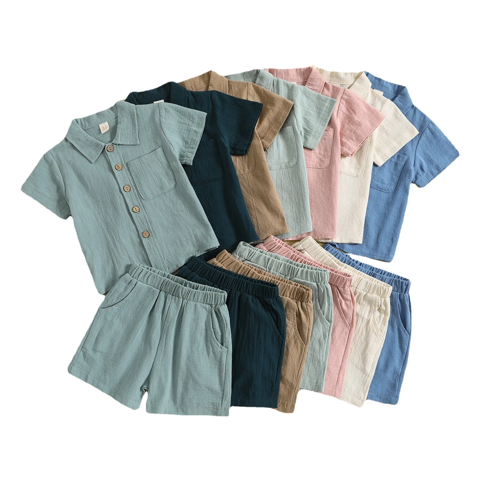 

Summer Children's Sets Cotton Linen Casual Short Sleeved Polo Shirt Solid Color Girls Boys Clothing Summer Two-piece Set