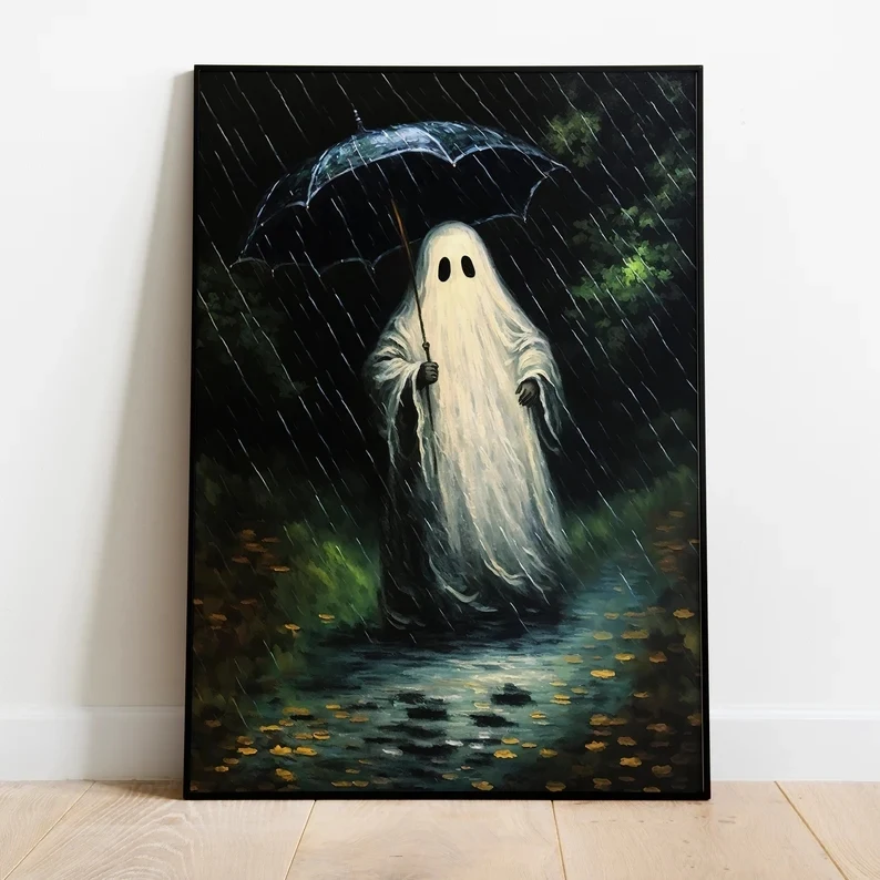 Modern Spooky Halloween Ghost In The Rain Wall Art Print Canvas Painting Poster Picture For Living Room,Bedroom Home Decor