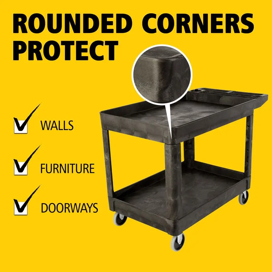 2Shelf Utility Service Cart, Medium, Black, Lipped Shelves, Ergonomic Handle, 500 lbs. Capacity, for Warehouse Garage Cleaning M