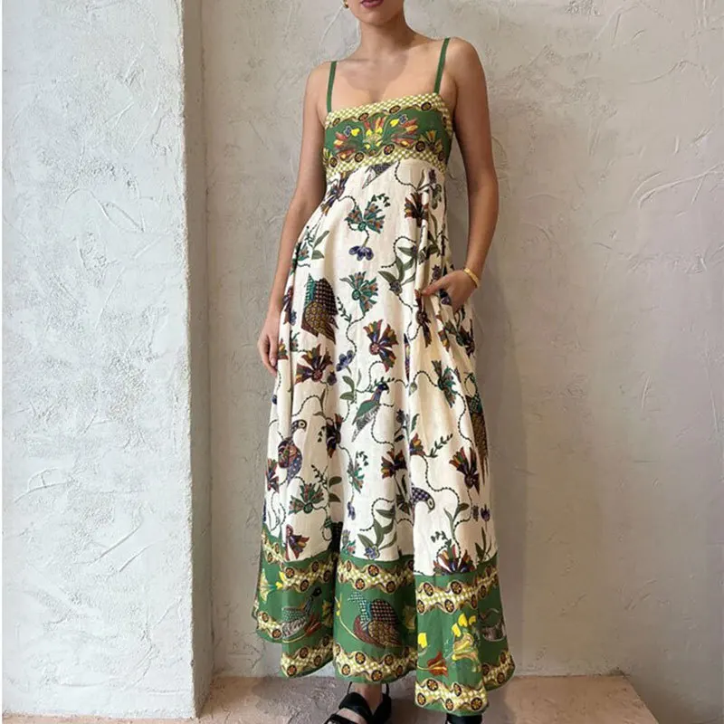 Summer Europe Snd The United States New Sleeveless Collarless High Waist Printed Painted Women\'s Dress With Large Swing Halter
