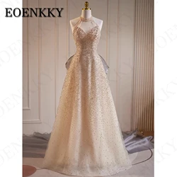 Elegant Halter Sparkly Prom Dress With Bow Detachable Train Saudi Arabia Beading Glitter A Line Party Dresses فساتين حفلة موسيقي