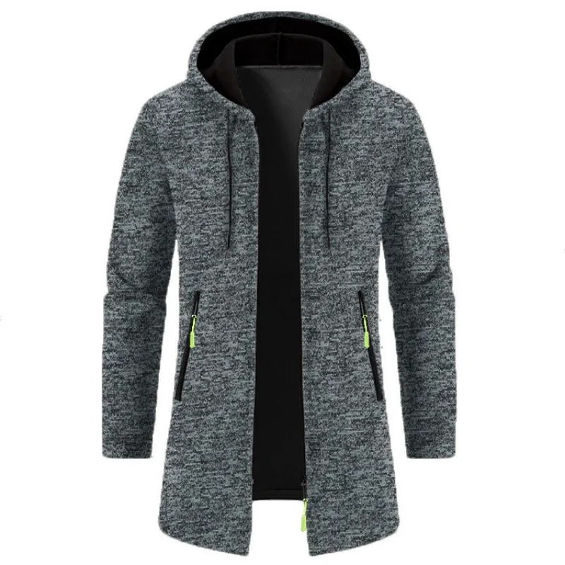 

Autumn Men's Casual Long-sleeved Knitted Cardigan Jacket Fashion Solid Color Zipper Hooded Sweatshirt Long Woolen Coat