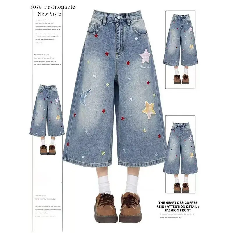 Y2K Women Seven Points Denim Jeans Colorful Star Embroidery Wide Leg Capri Pants Vintage Washed Loose Casual Street Trousers