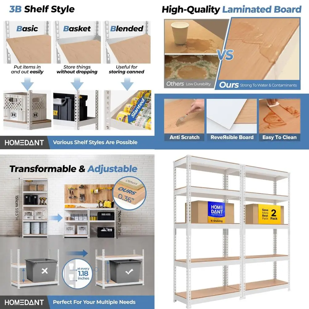 

5-ярусный металлический стеллаж с белым ламинированным покрытием - регулируемая полка для хранения для гаража, кладовки, склада, панирной, 28Ш x 12.3Г x 5В (дюймы)