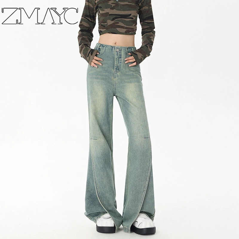 ZMAYC Women's Retro Split Horn Loose Wide Leg Jeans American Style Solid Color Slimming Casual Bell-bottom High Waisted Pants