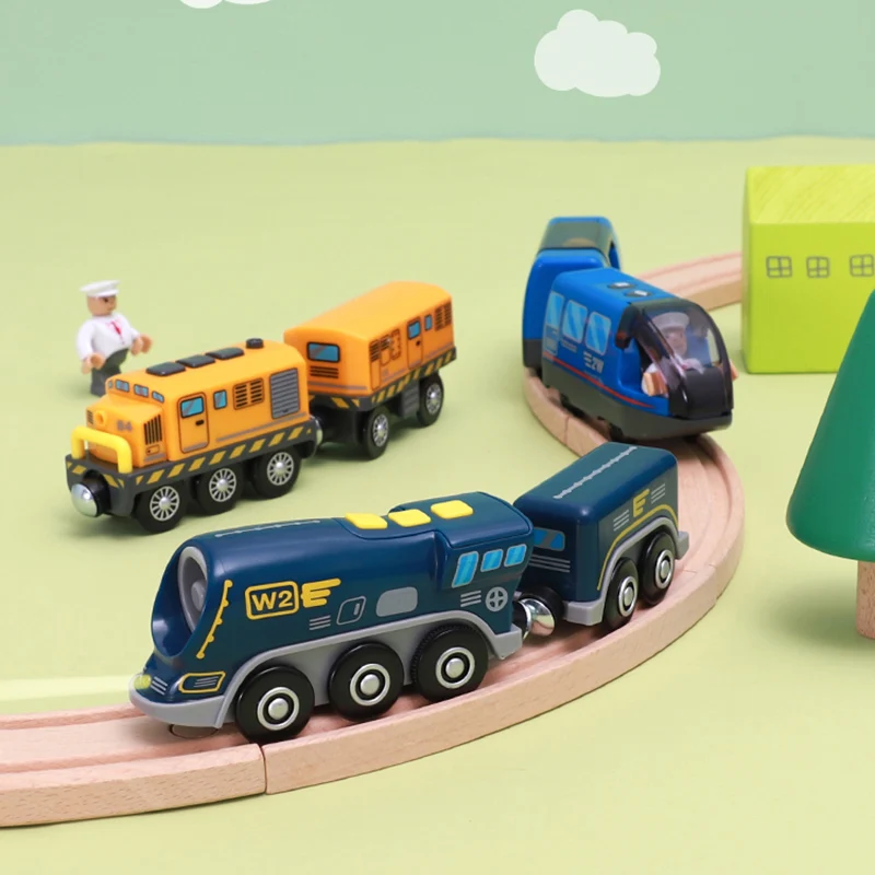 Kinderen Elektrische Trein Houten Track Magnetische Slot Diecast Elektrische Spoorweg Met Twee Rijtuigen Trein Houten Speelgoed Fit Houten Brio Tracks