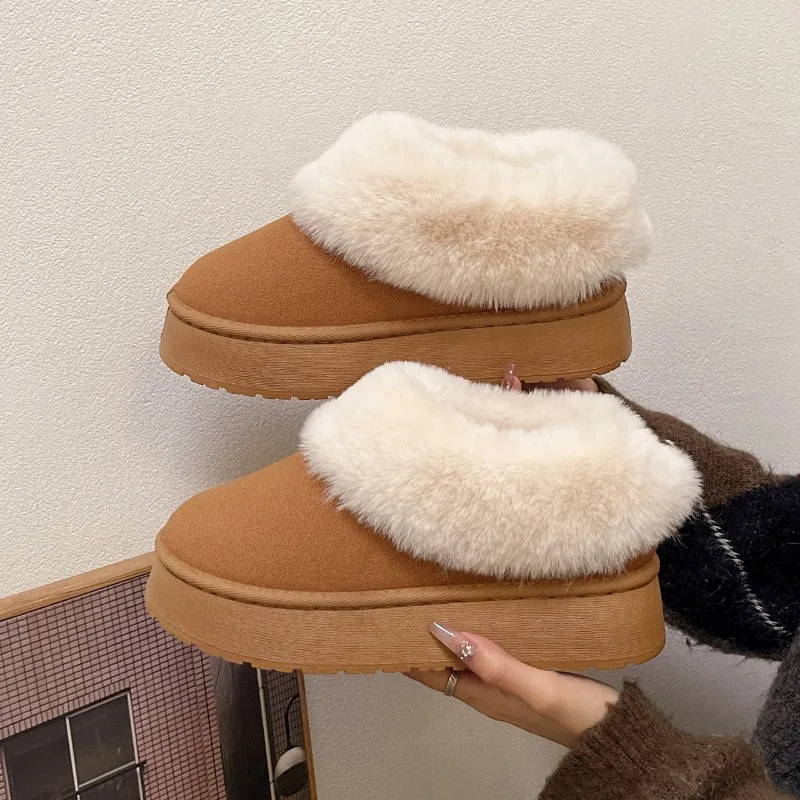 Luxury women's snow boots thick-soled high-heeled short-tube fur shoes for women winter home cotton shoes slip-on suede slippers