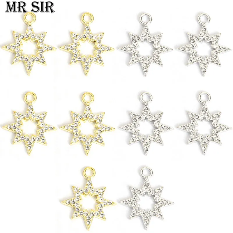 10pcs Crystal Eight Pointed Star Charm Alloy Rhinestones Fashion Pendant Diy Earrings Bracelet Phone Chain Jewelry Accessories