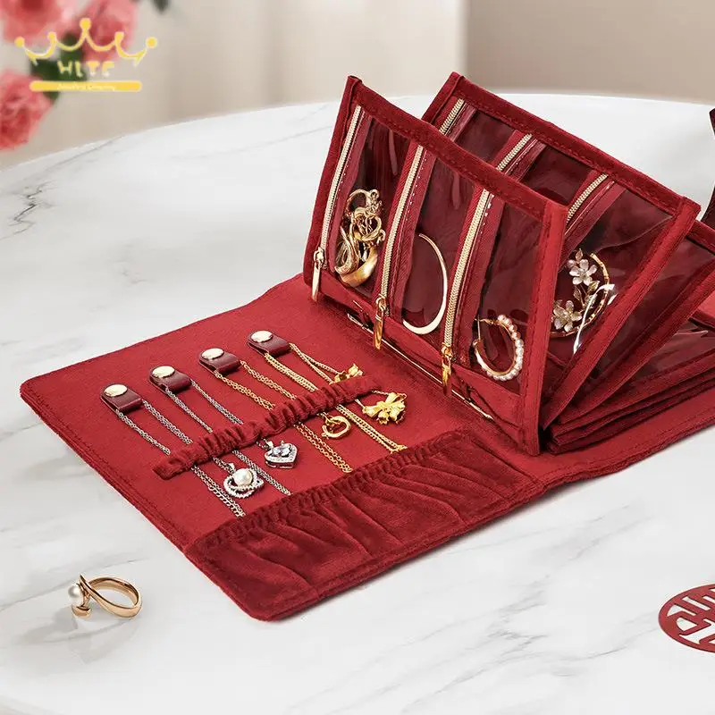 Luxury Velvet Travel Jewelry Storage Roll Foldable Ring Bracelet Jewelry Pouch Transparent Zipper Pocket Necklace Earring Holder