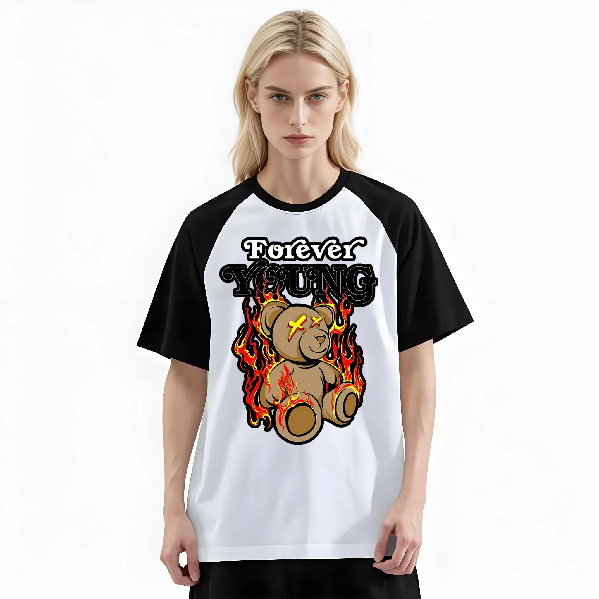 Women'S Fashion Raglan Sleeve T-Shirt, SForever Young Flaming X Eyes Teddy Bear Gothic Printed, Summer Casual Comfortable Tee, Women'S Everyday Short-Sleeve Top