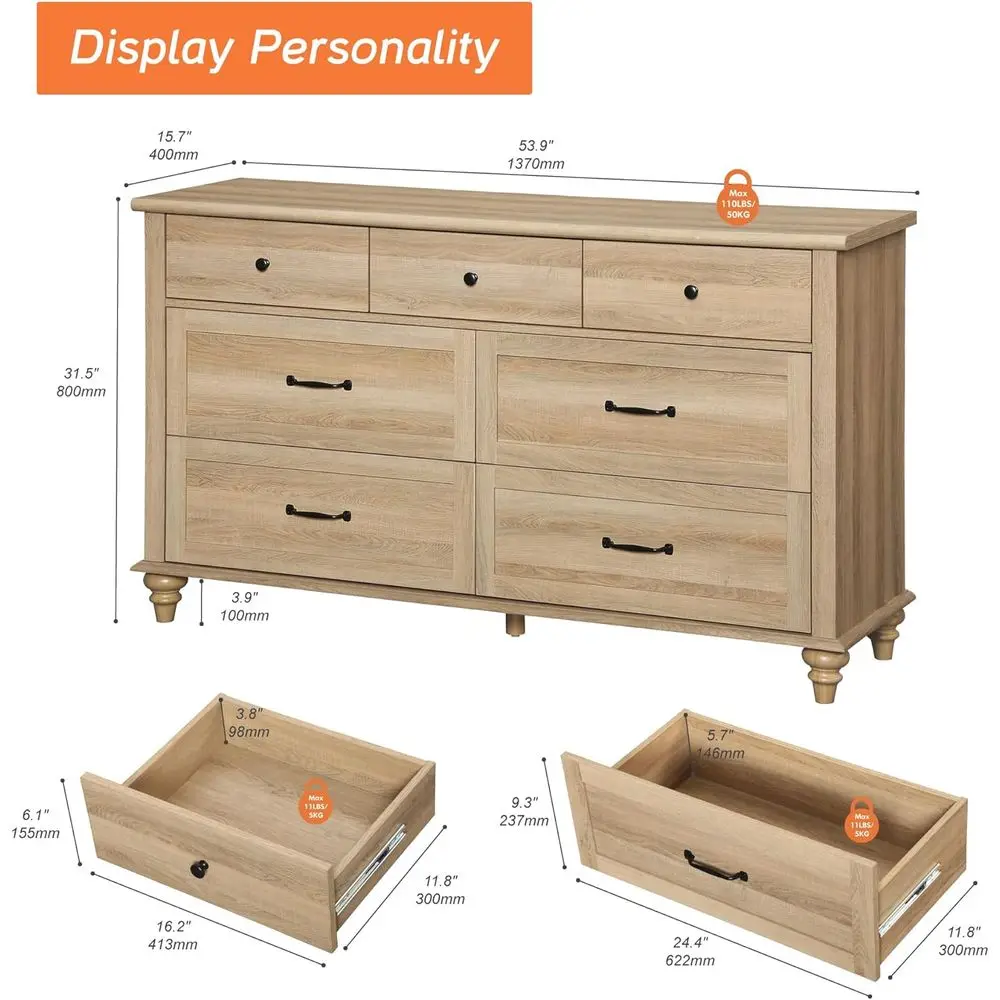 Solid Wood 54 Oak Chest for Bedroom and Kids' Room with Rustic Storage Drawers