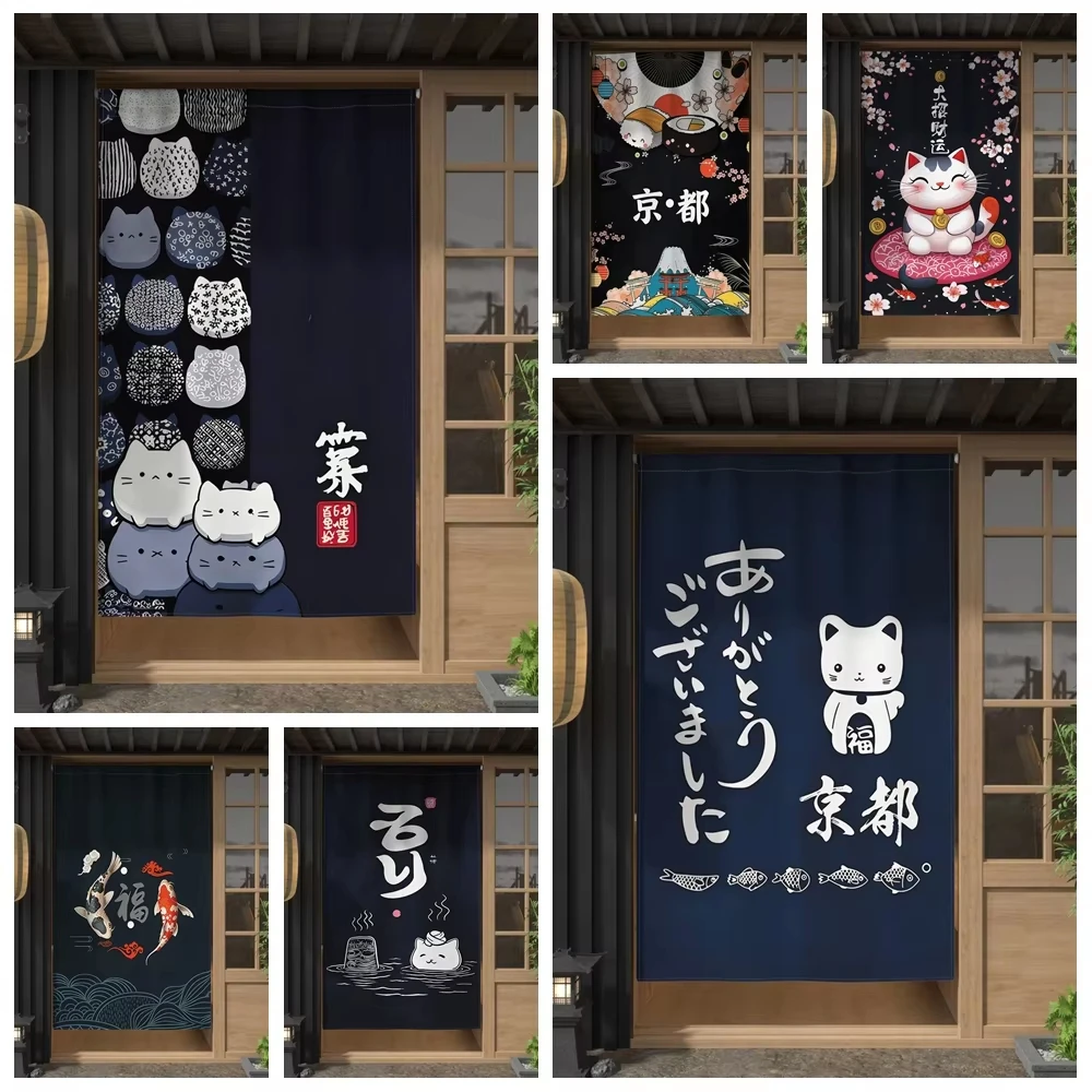 VIKAMA Japanese Style Cat Noren Door Curtain Lucky Cat Print Short Curtain For Kitchen Restaurant Home Decor