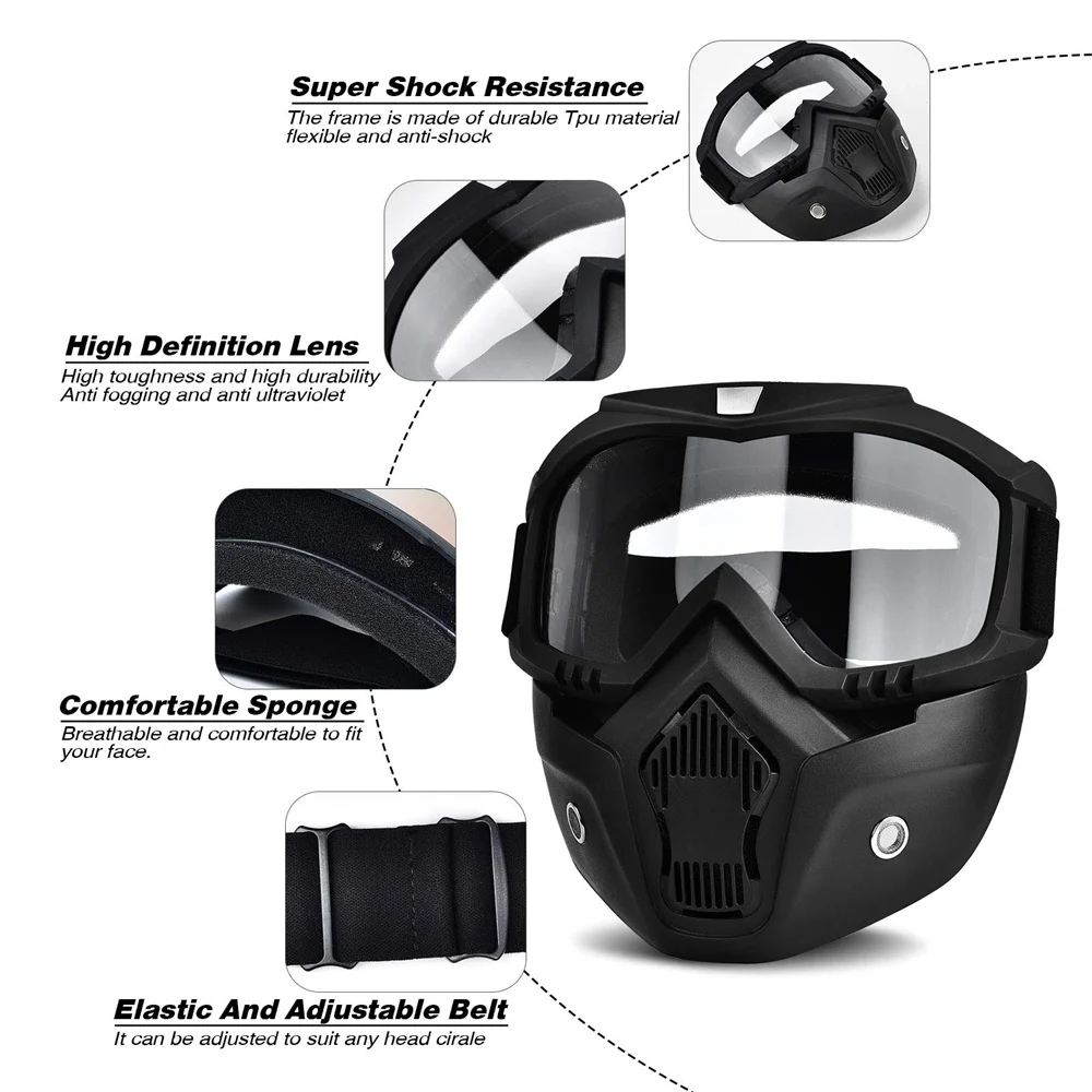 Mortorcycle Face Mask High-definition Goggles with Mouth Filter for Open Face Helmet Motocross Eye Face Protector 1PC