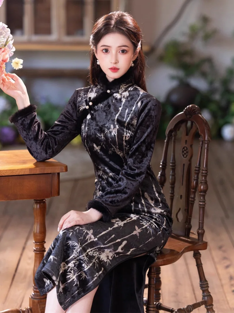 

Зима 2029, новинка Qipao, бархатный композит, супер мягкий, толстый, длинный, тонкий, длинный женский Qipao в китайском стиле