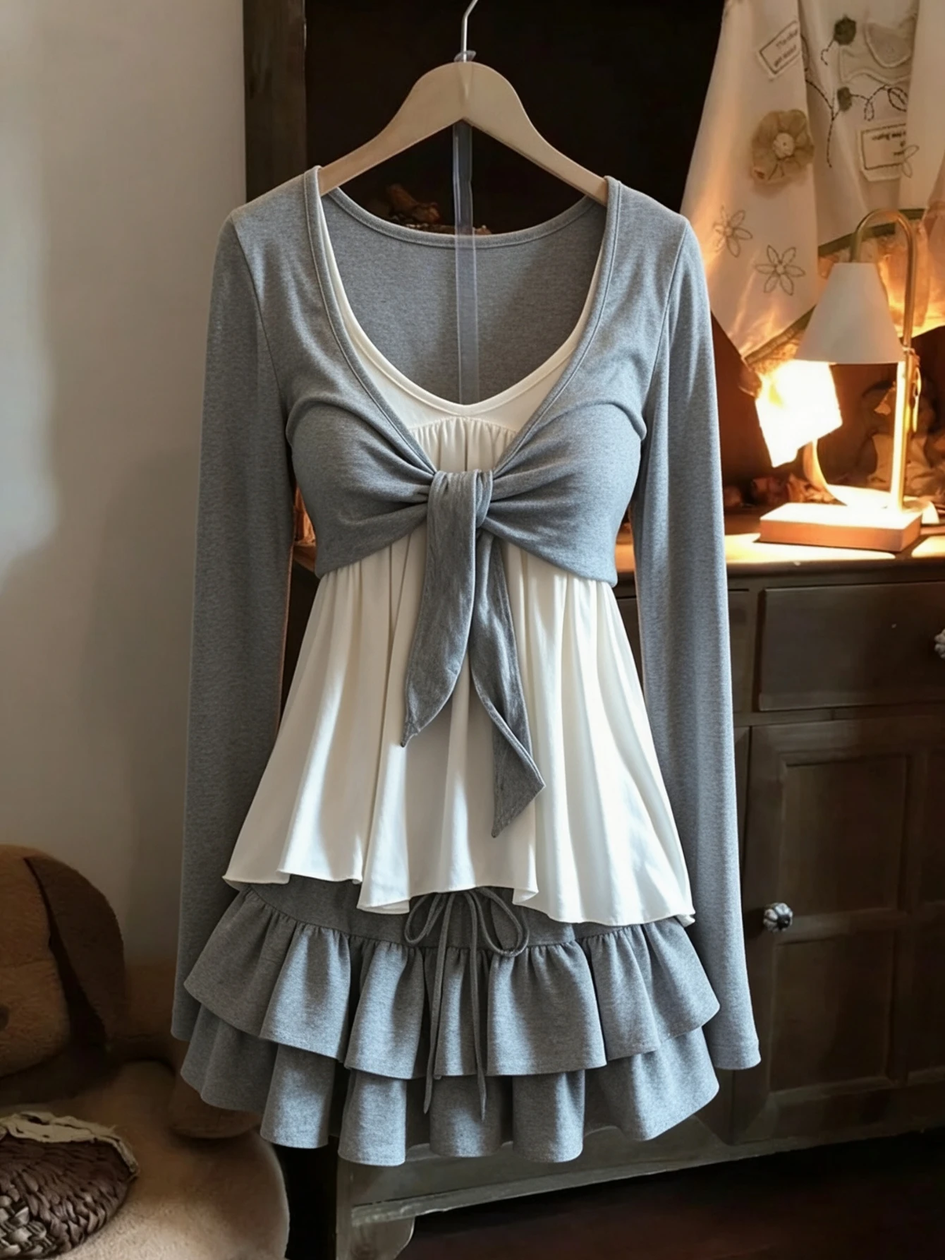 Korean Preppy Kawaii Women 2 Piece Outfit Fake Two Piece Long Sleeve Top Ruffle Cake Mini Skirt Y2K Sweet Retro Matching Set