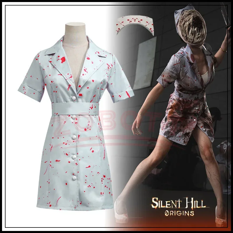 Film Silent Hill Cosplay Kostuum Verpleegster Witte Bloedgekleurde riem en hoed Uniform Fancy Halloween Carnaval Feestjurk voor Vrouw
