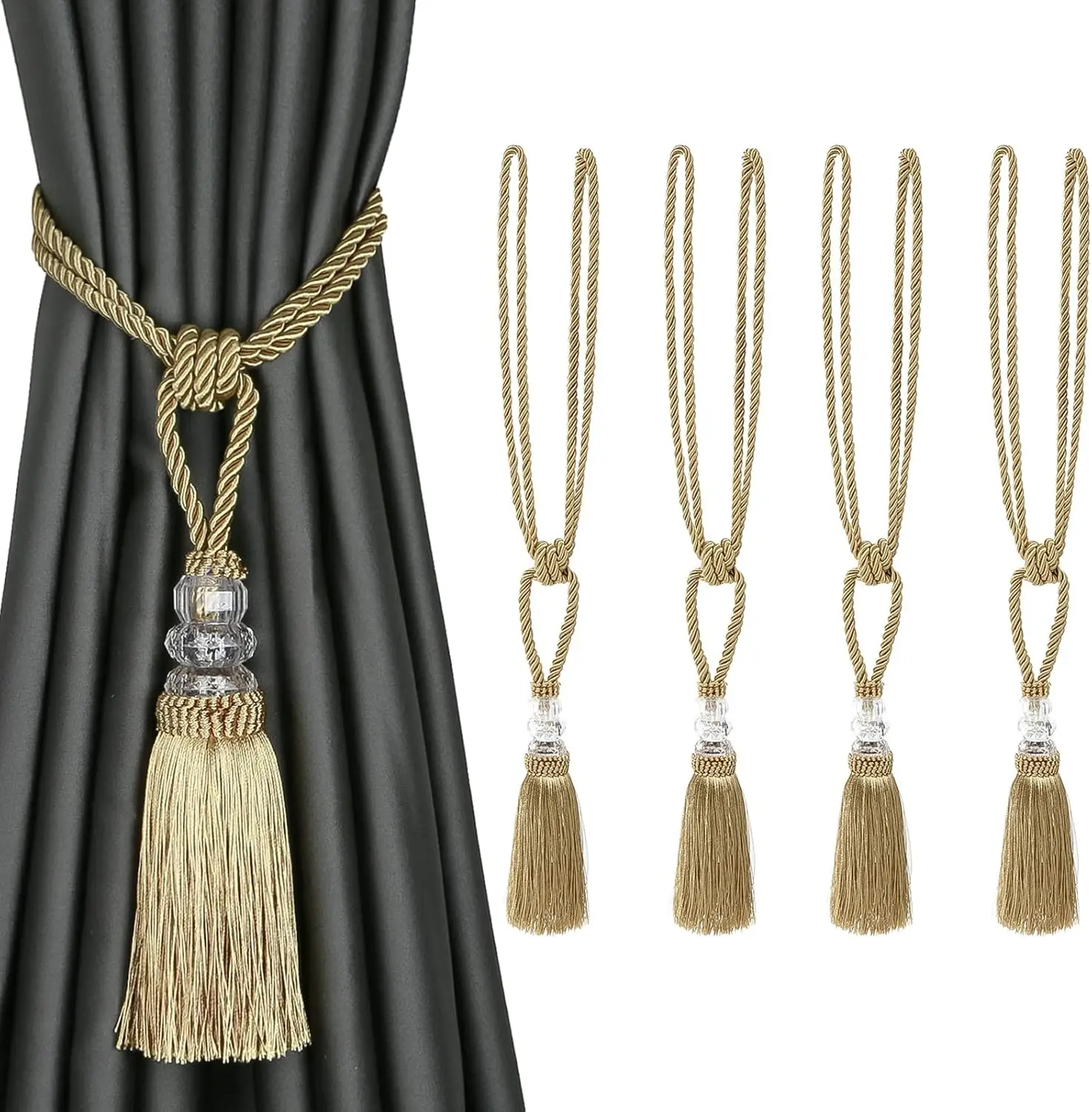 

Hand-Woven Crystal Curtain Tiebacks with Tassels for Home Decoration, 4 Pack Golden