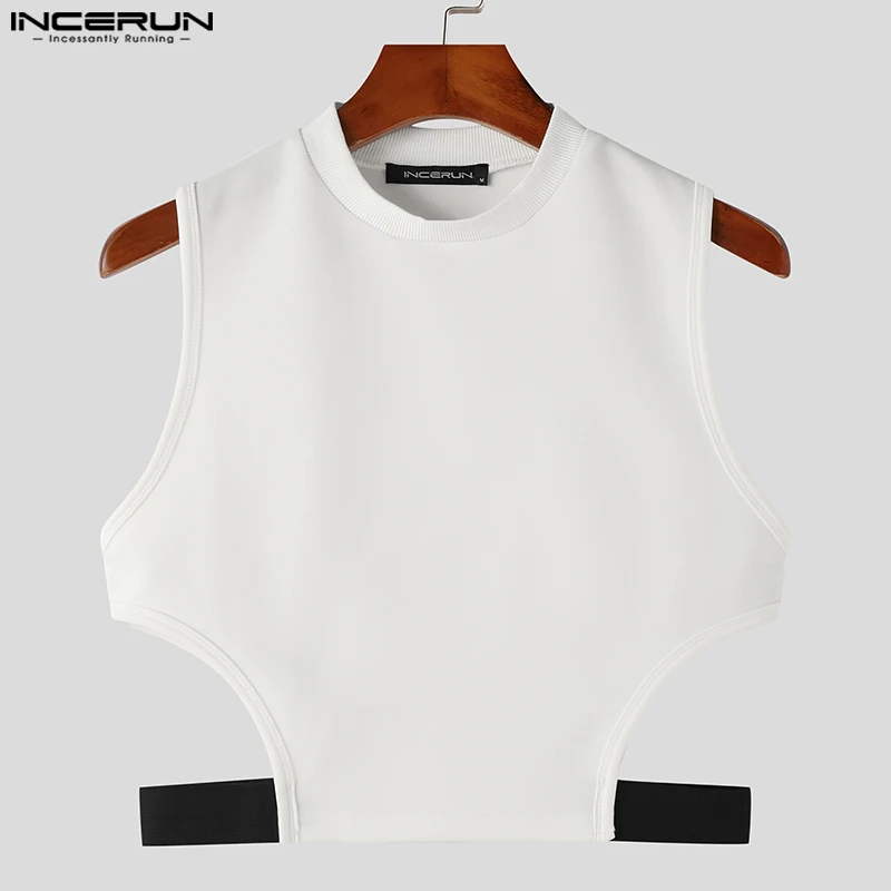 INCERUN 2023 Men Tank Tops Patchwork O-neck Sleeveless Sexy Fitness Hollow Out Vests Men Streetwear Fashion Crop Tops S-5XL